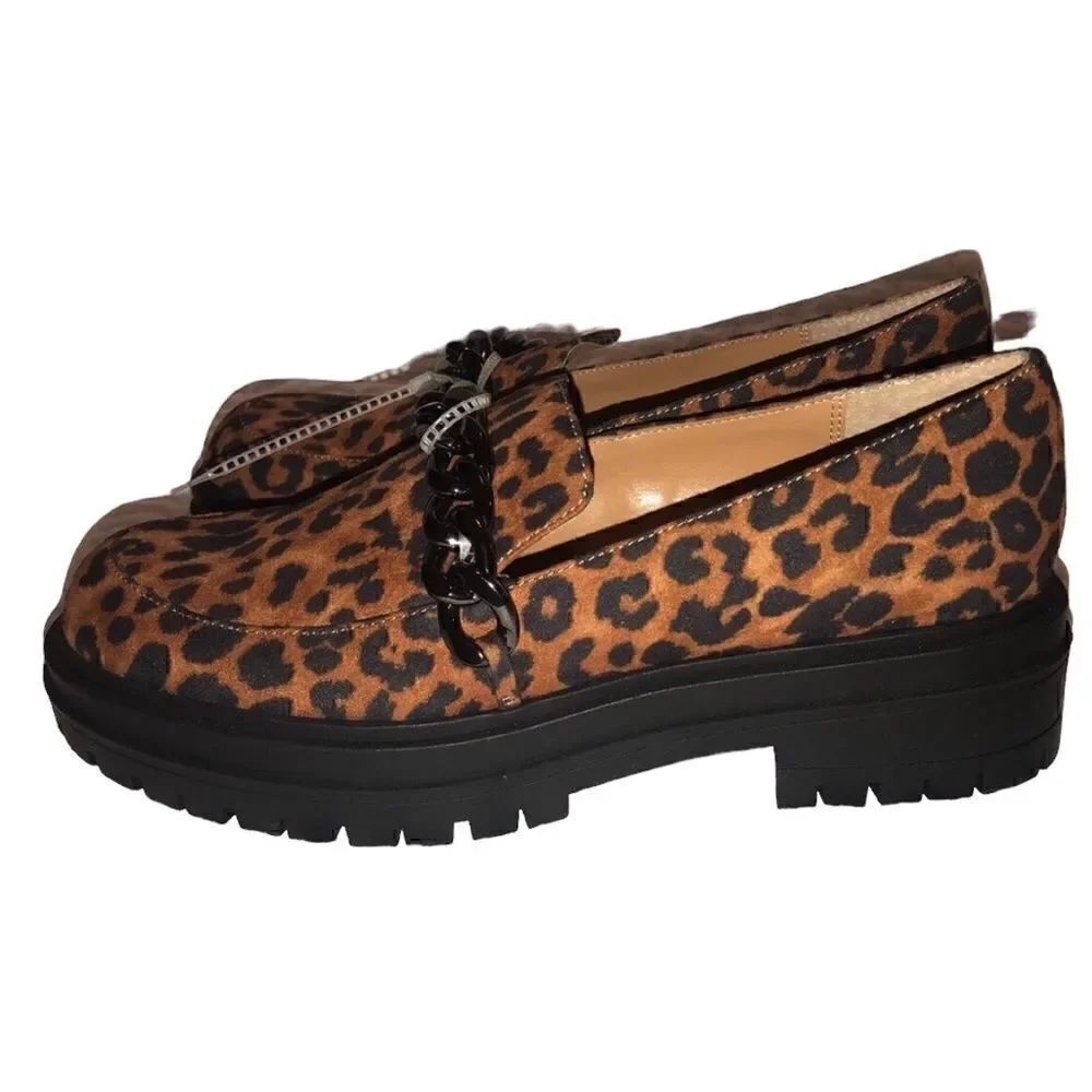 JESSICA SIMPSON Women’s Loafers Leopard Print Metallic Chain Thick Sole